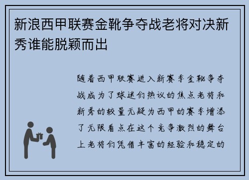 新浪西甲联赛金靴争夺战老将对决新秀谁能脱颖而出